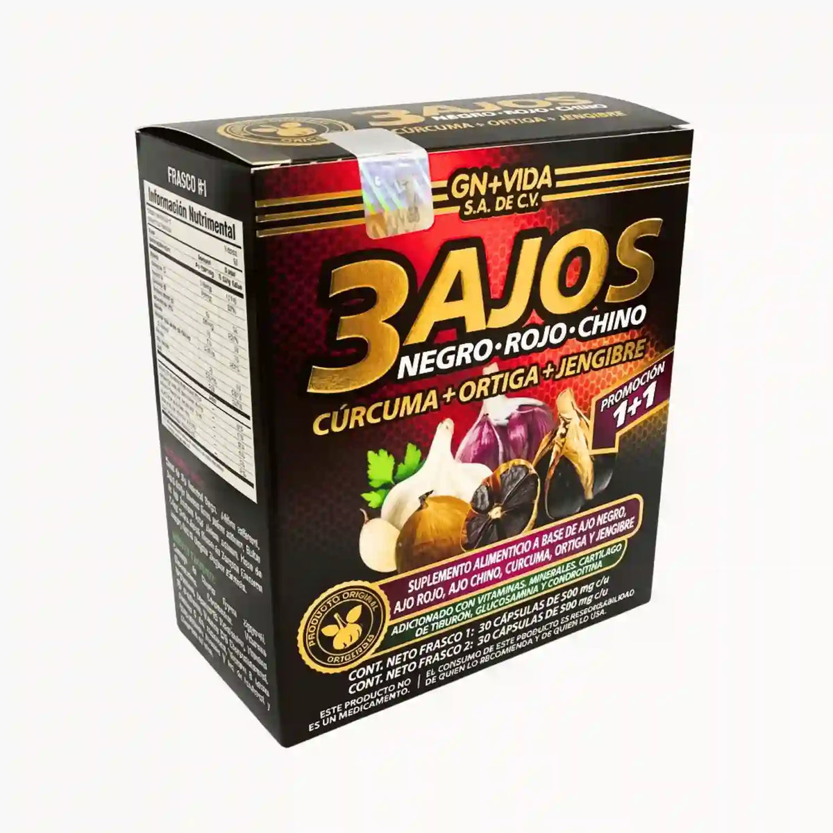 3 Ajos; 2 frascos de 30 Capsulas, GN+VIDA.