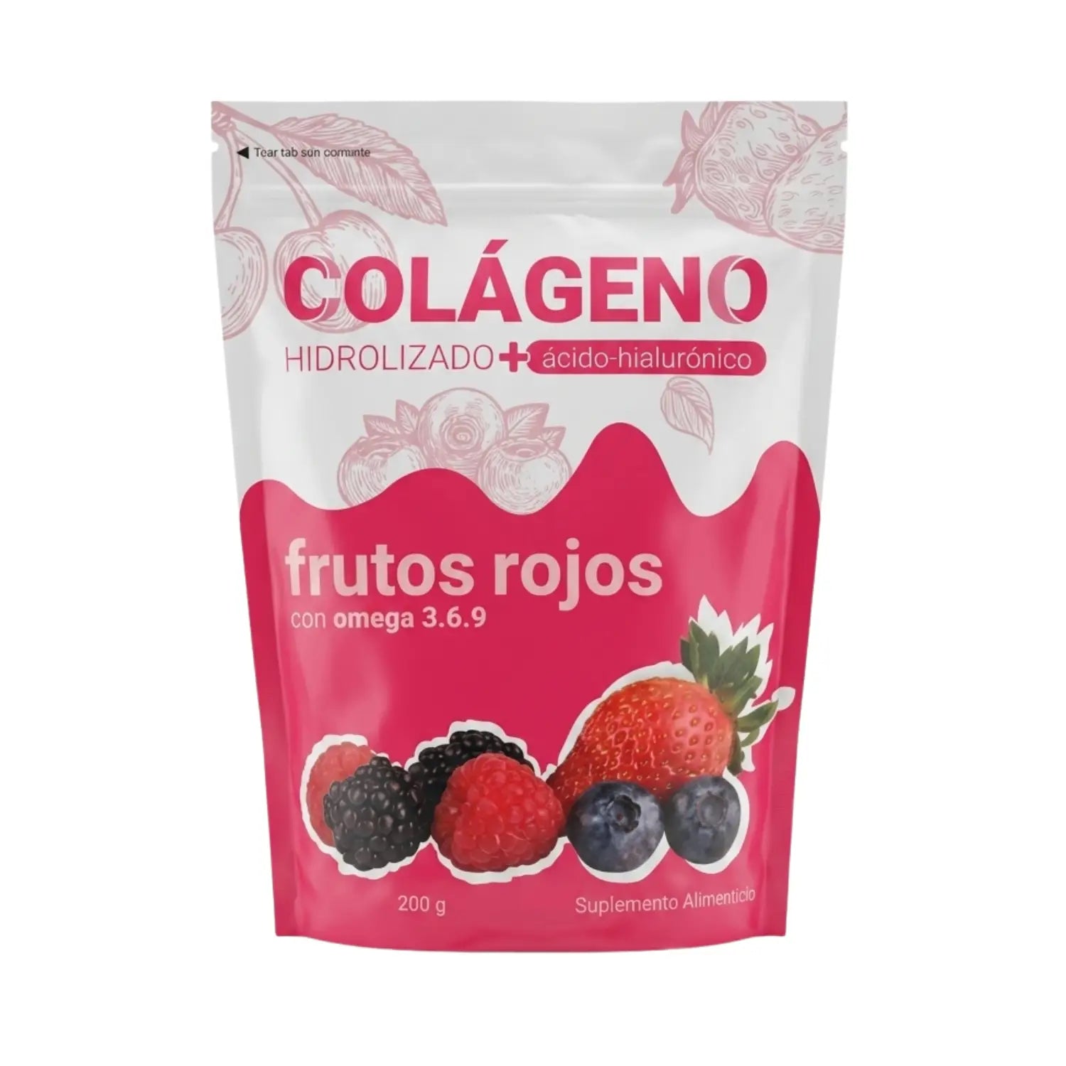 Colágeno Hidrolizado + Ácido Hialurónico Frutos Rojos; 1200gr, Bio Bag.