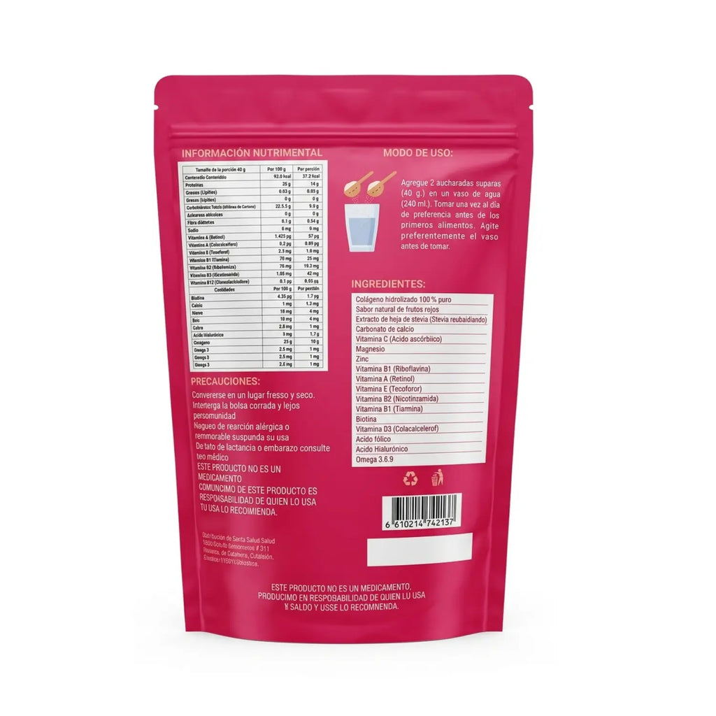 Colágeno Hidrolizado + Ácido Hialurónico Frutos Rojos; 1200gr, Bio Bag.