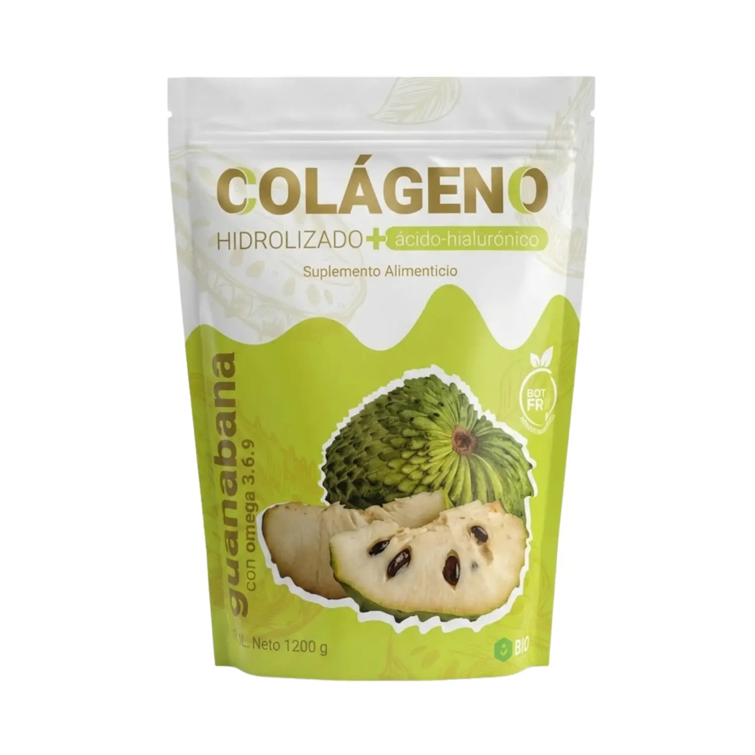 Colágeno Hidrolizado + Ácido Hialurónco Guanabana; 1200gr,BioBag.
