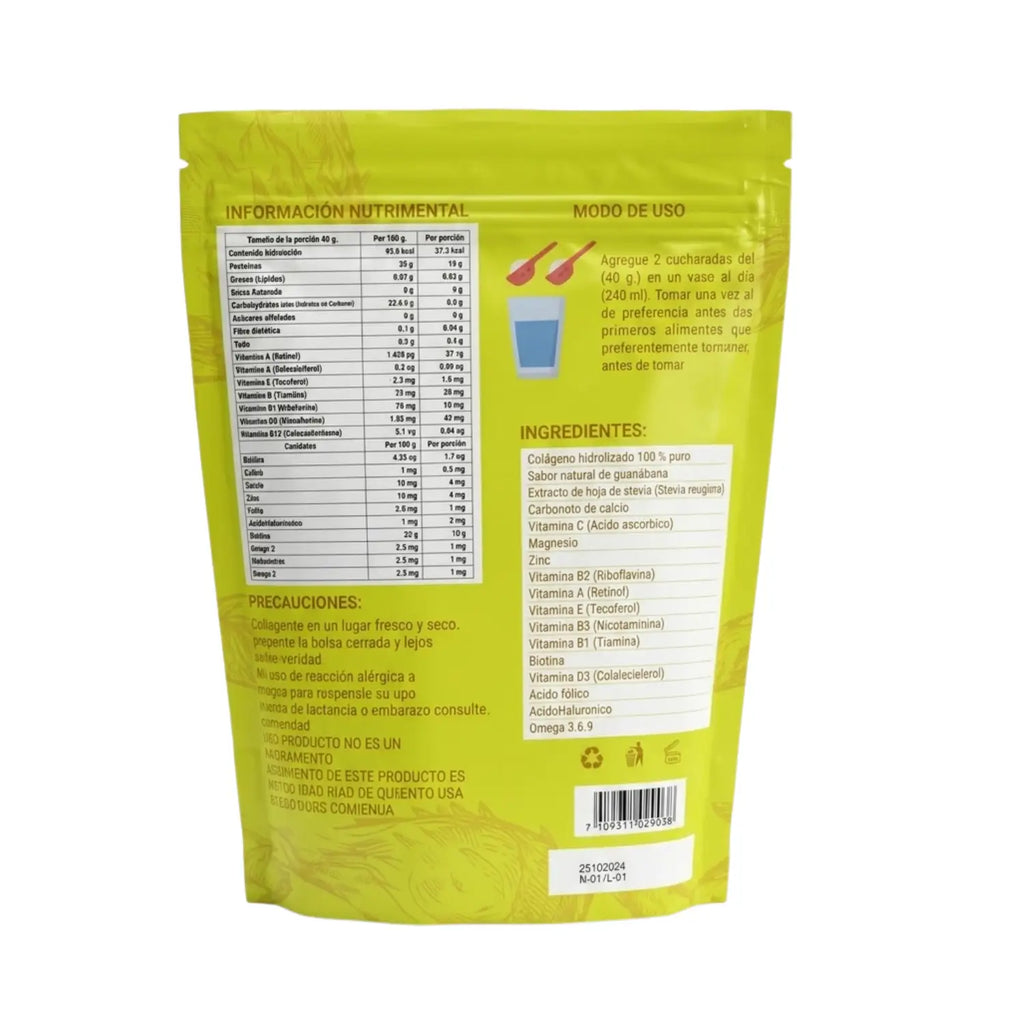 Colágeno Hidrolizado + Ácido Hialurónco Guanabana; 1200gr,BioBag.