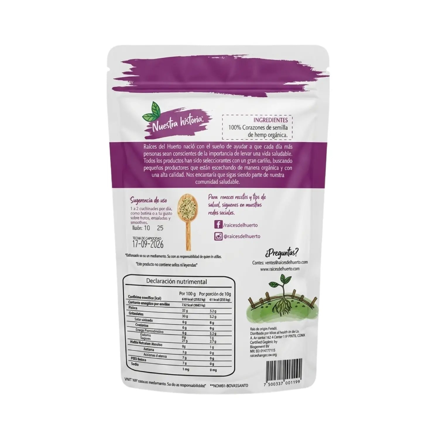 Corazones de Hemp; 120gr, Raices del Huerto.