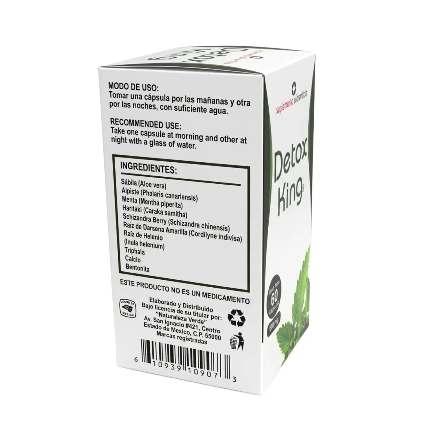 Detox King; 60 Cápsulas de 500mg, Naturaleza Verde.