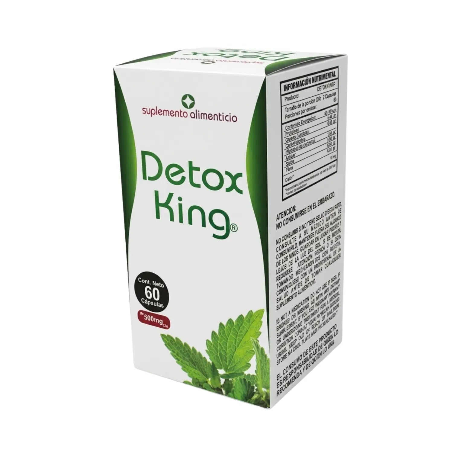 Detox King; 60 Cápsulas de 500mg, Naturaleza Verde.
