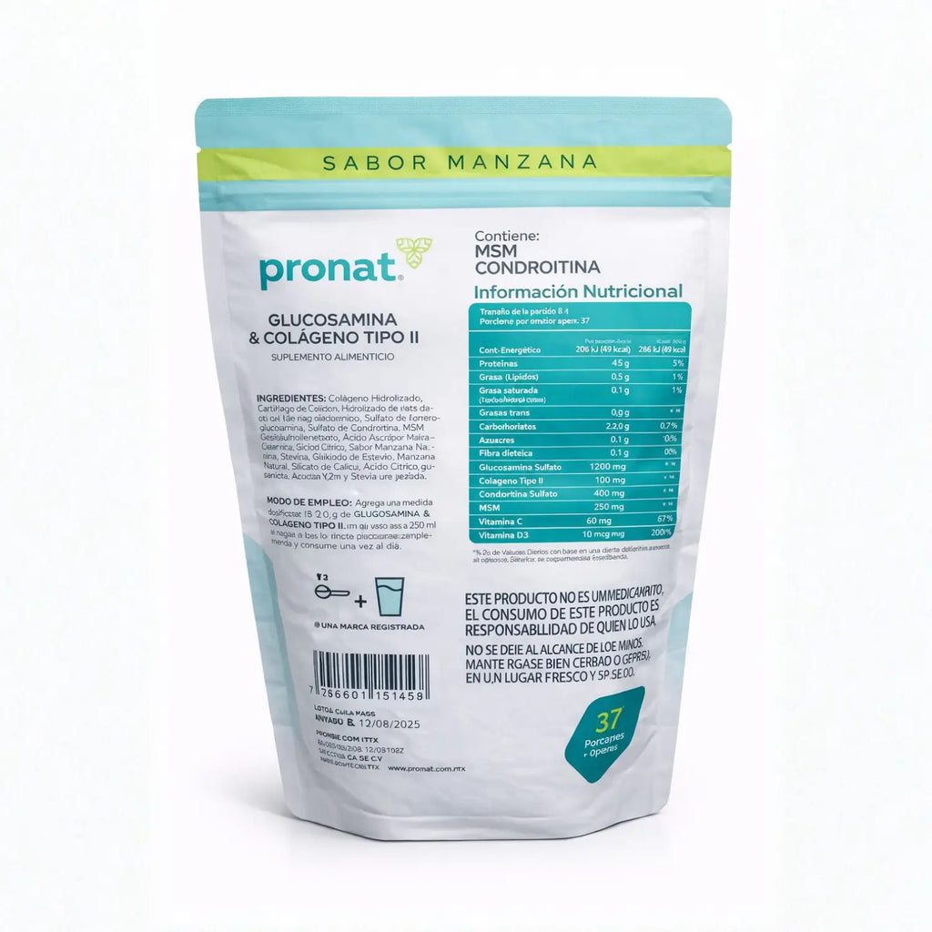 Glucosamina y colageno tipo II; sabor manzana 300gr; Pronat