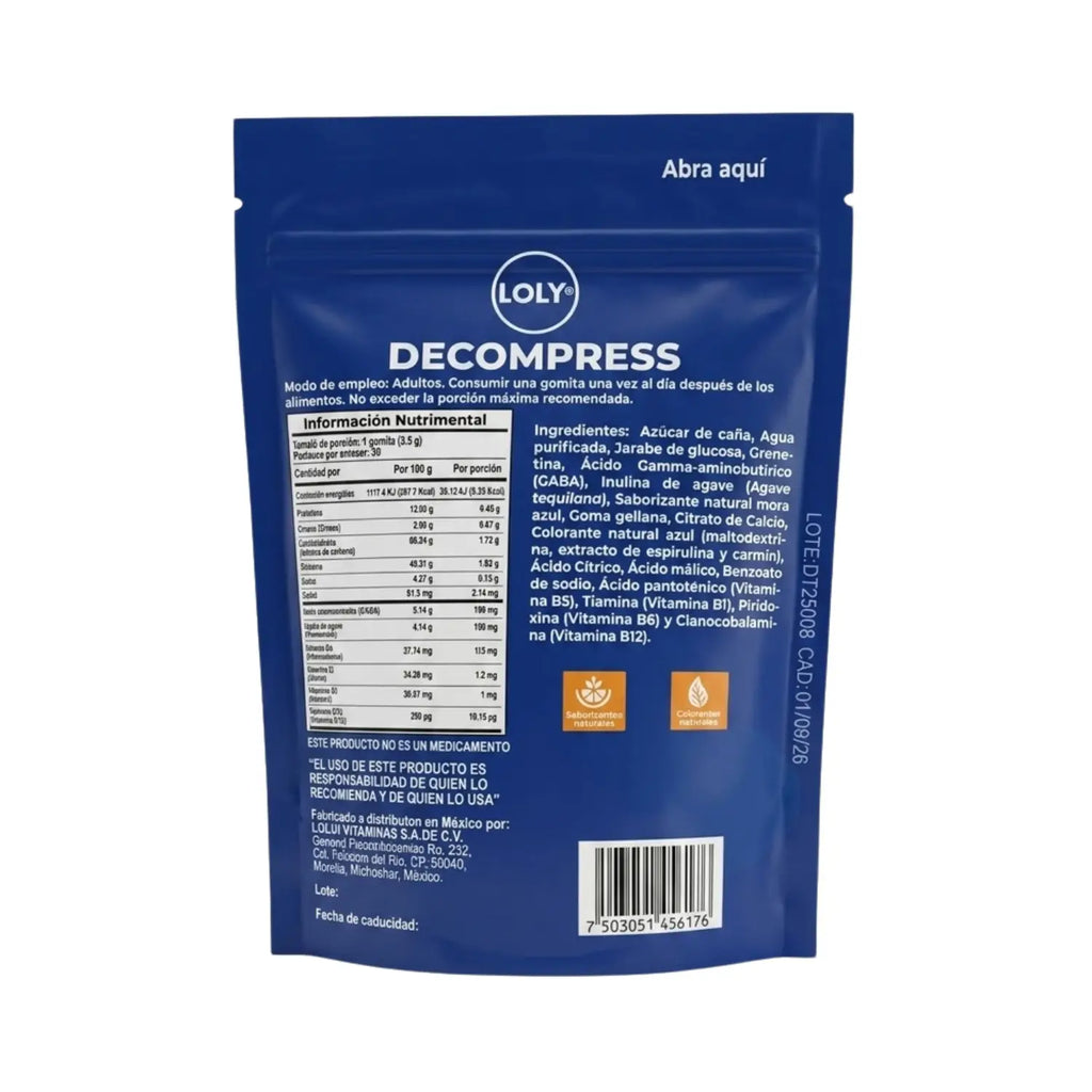Loly descompress ; 30 gomitas mora azul.