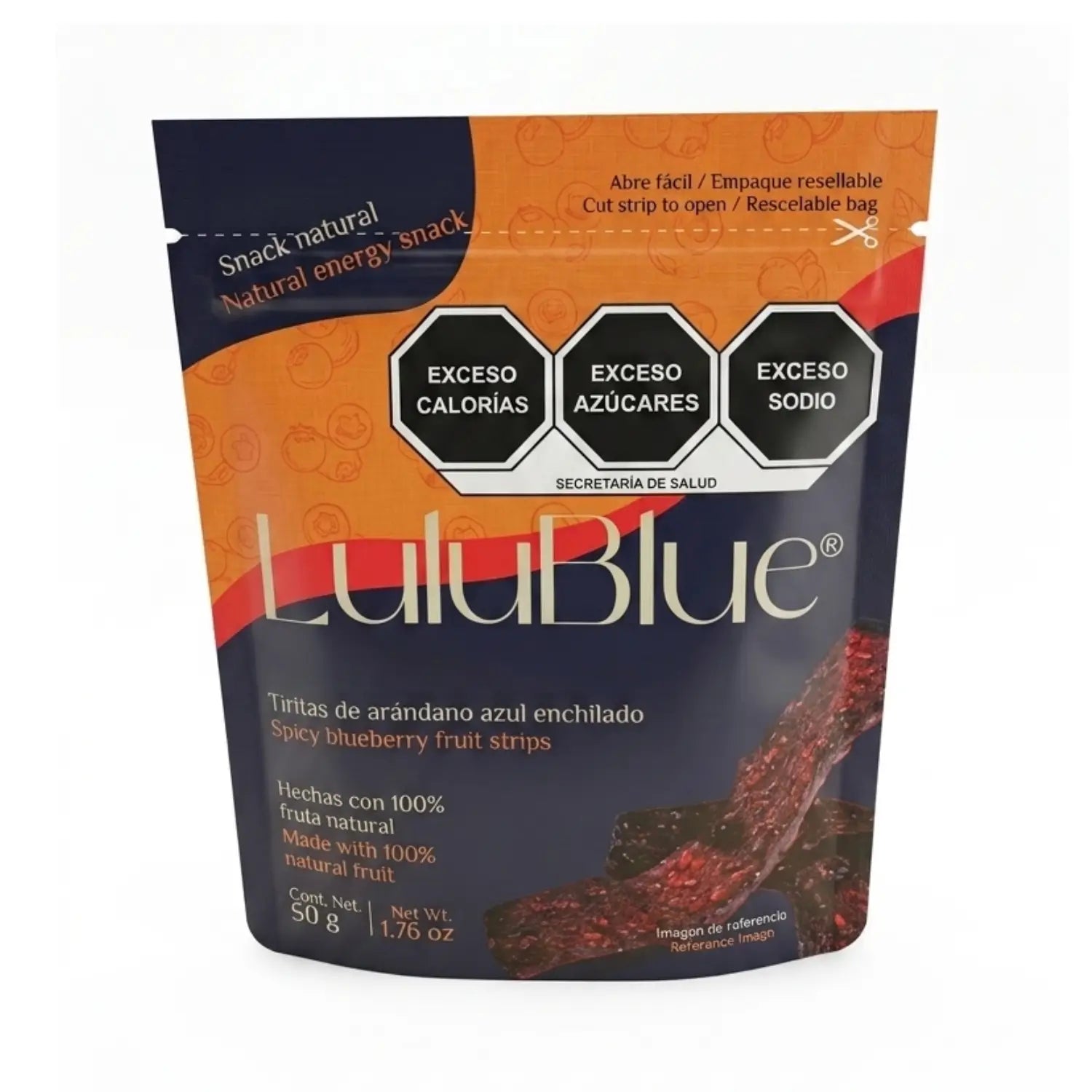 Tiritas de arándano azul enchilado; 50g, Lulublue.