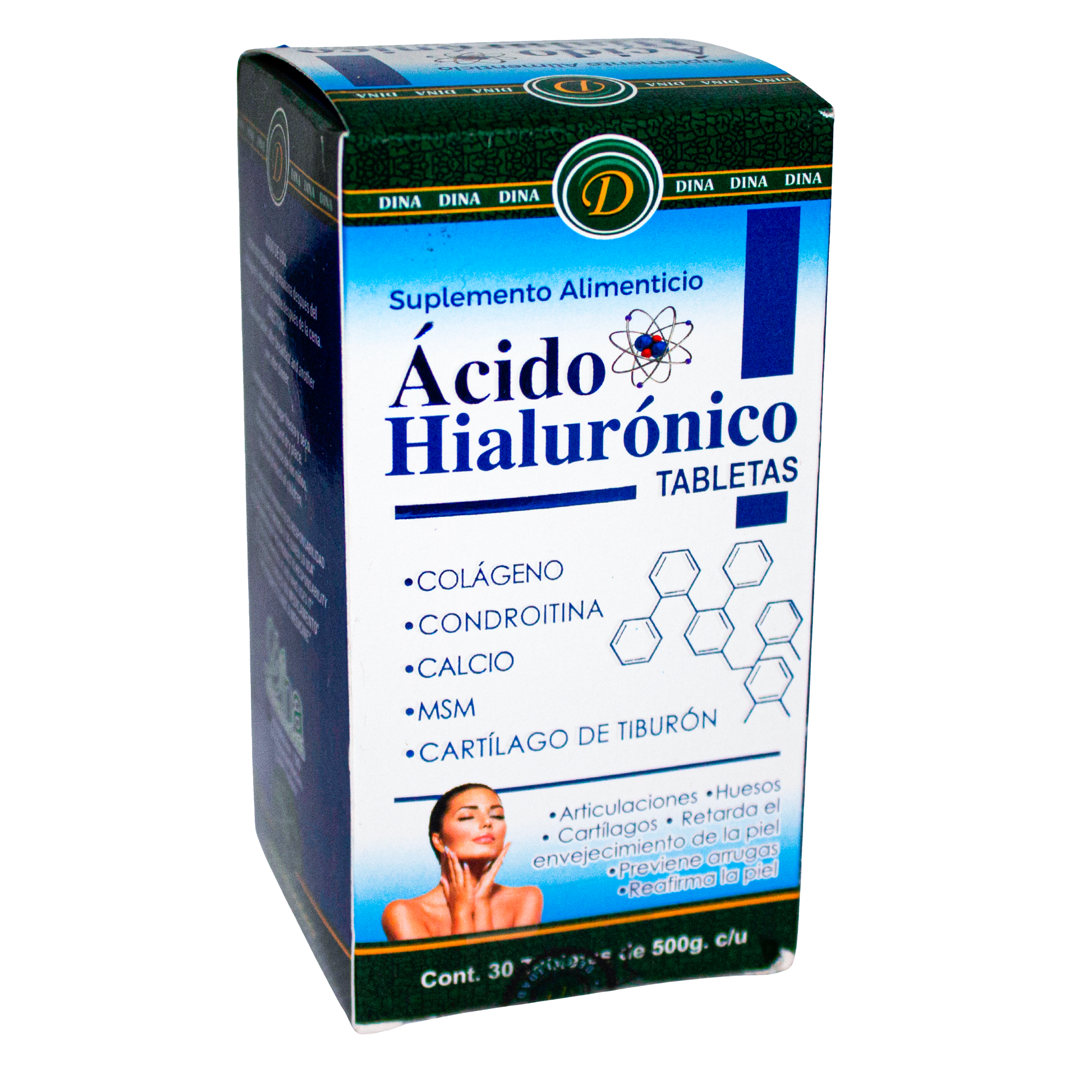 Ácido Hialurónico; 30 Tabletas de 500mg, Dina.
