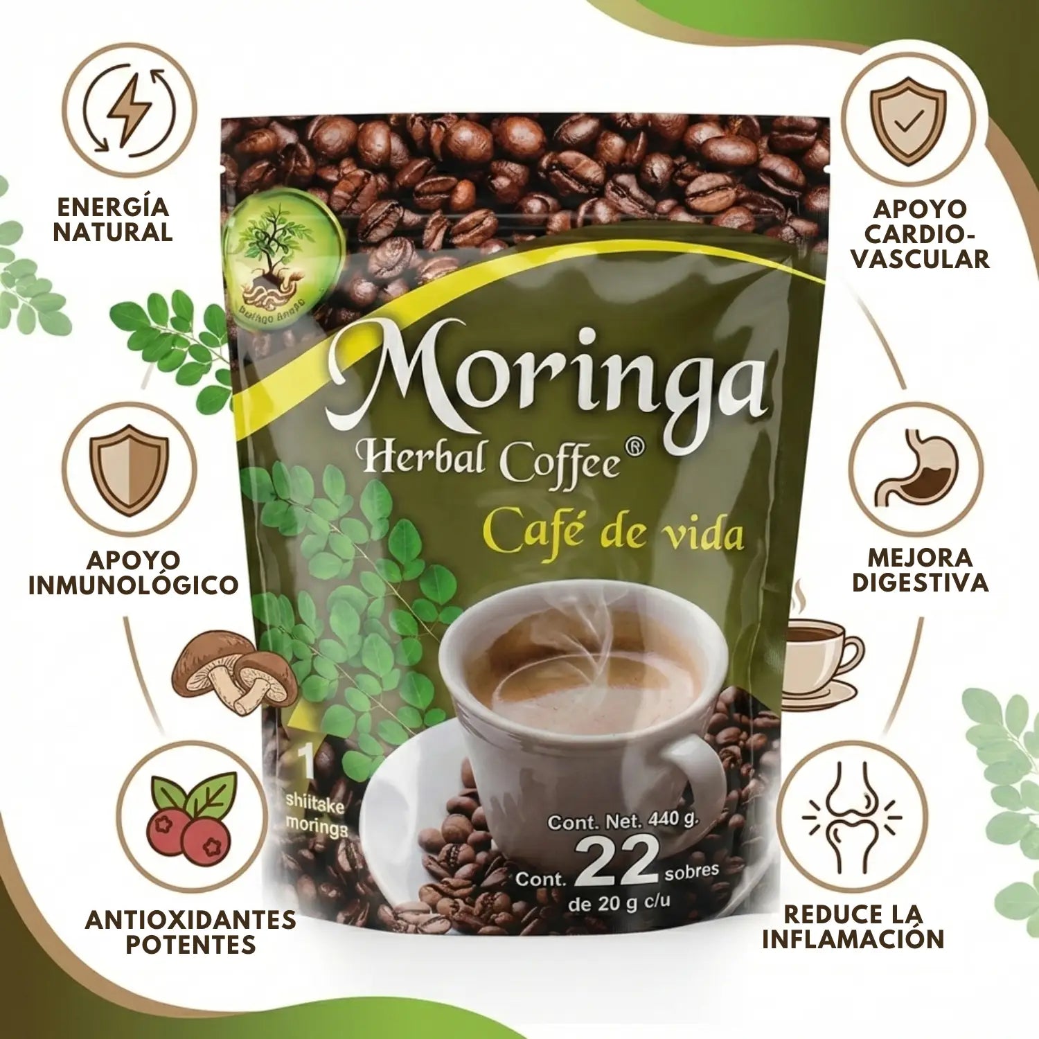 Moringa Café de Vida; 22 sobres de 20 grs, Herbal Coffee.