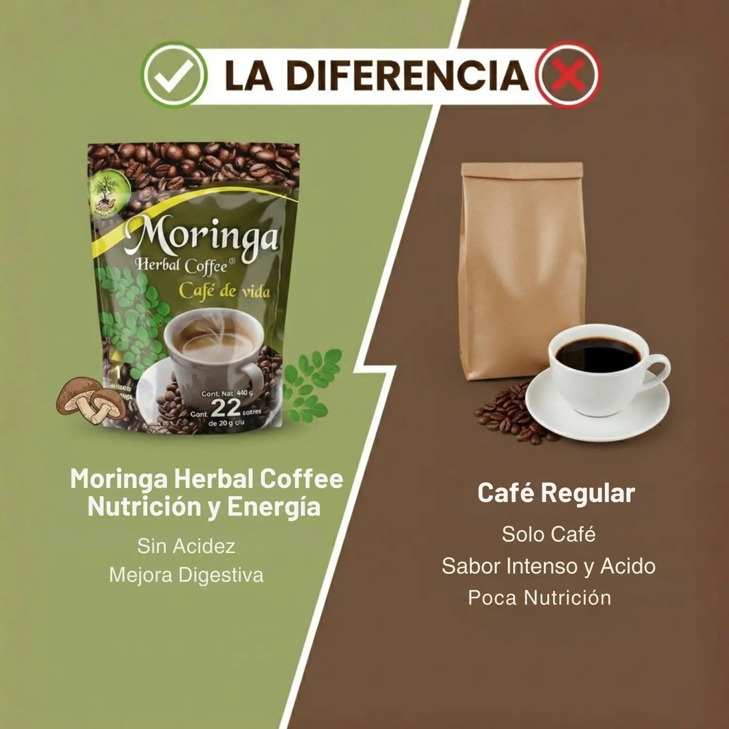 Moringa Café de Vida; 22 sobres de 20 grs, Herbal Coffee.