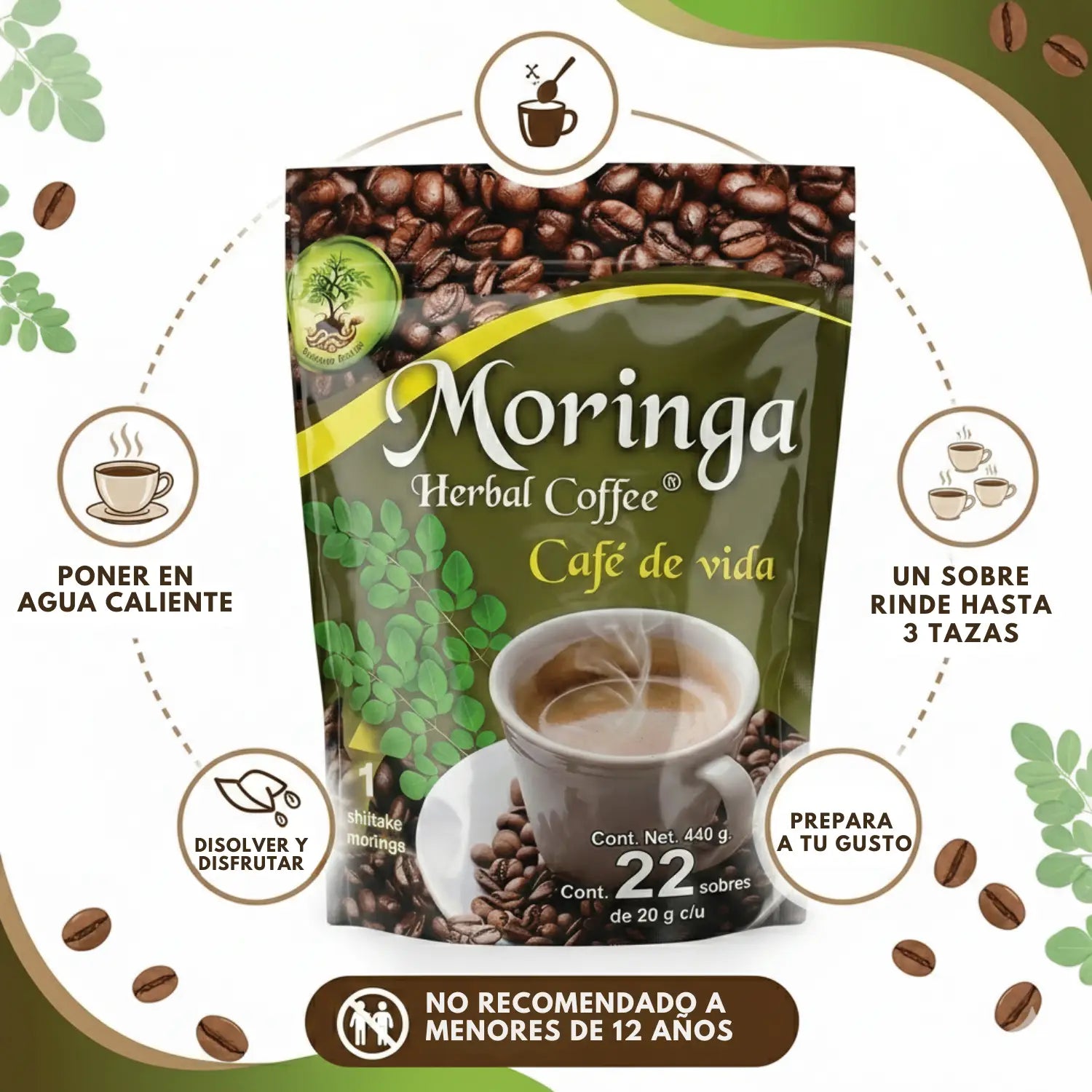 Moringa Café de Vida; 22 sobres de 20 grs, Herbal Coffee.