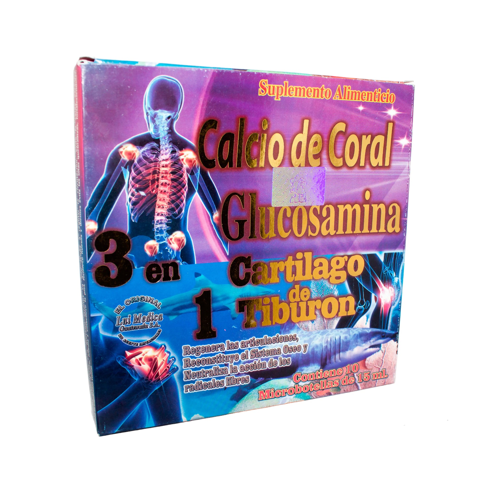 Calcio de Coral, Glucosamina y Cartilago 3 en 1; 10 microbotellas; Lab Venezuela