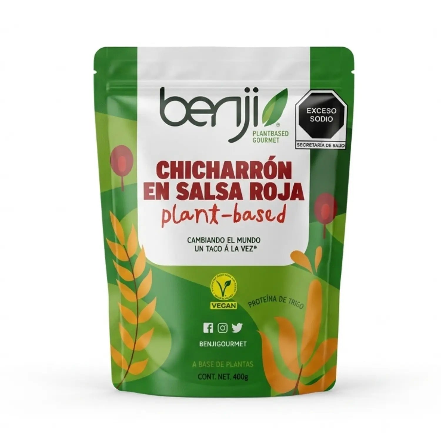 Chicharrón en Salsa Roja 100% Vegano; 400g, Benji.