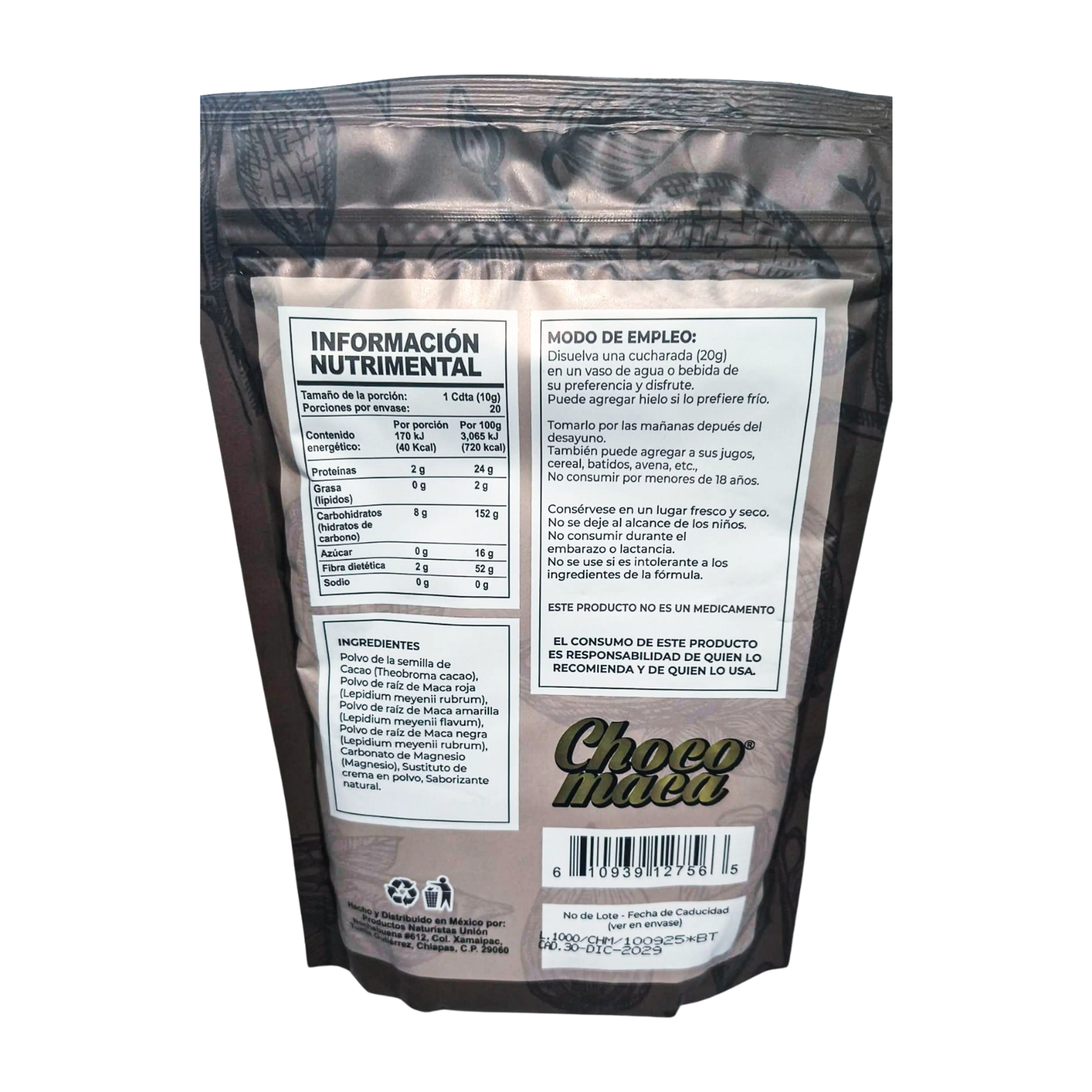 Polvo Choco Maca; 400grs, Naturistas Unión.