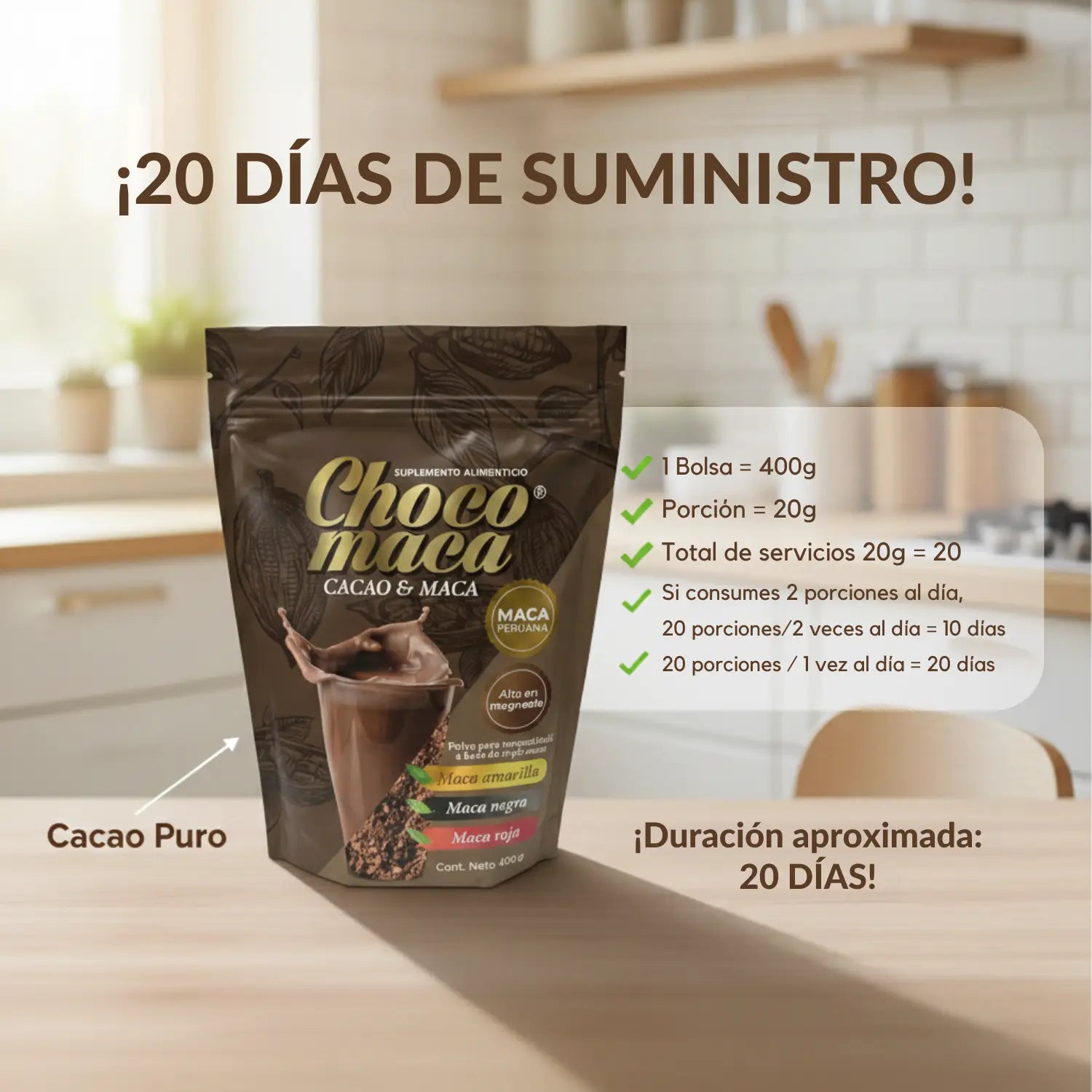 Polvo Choco Maca; 400grs, Naturistas Unión.