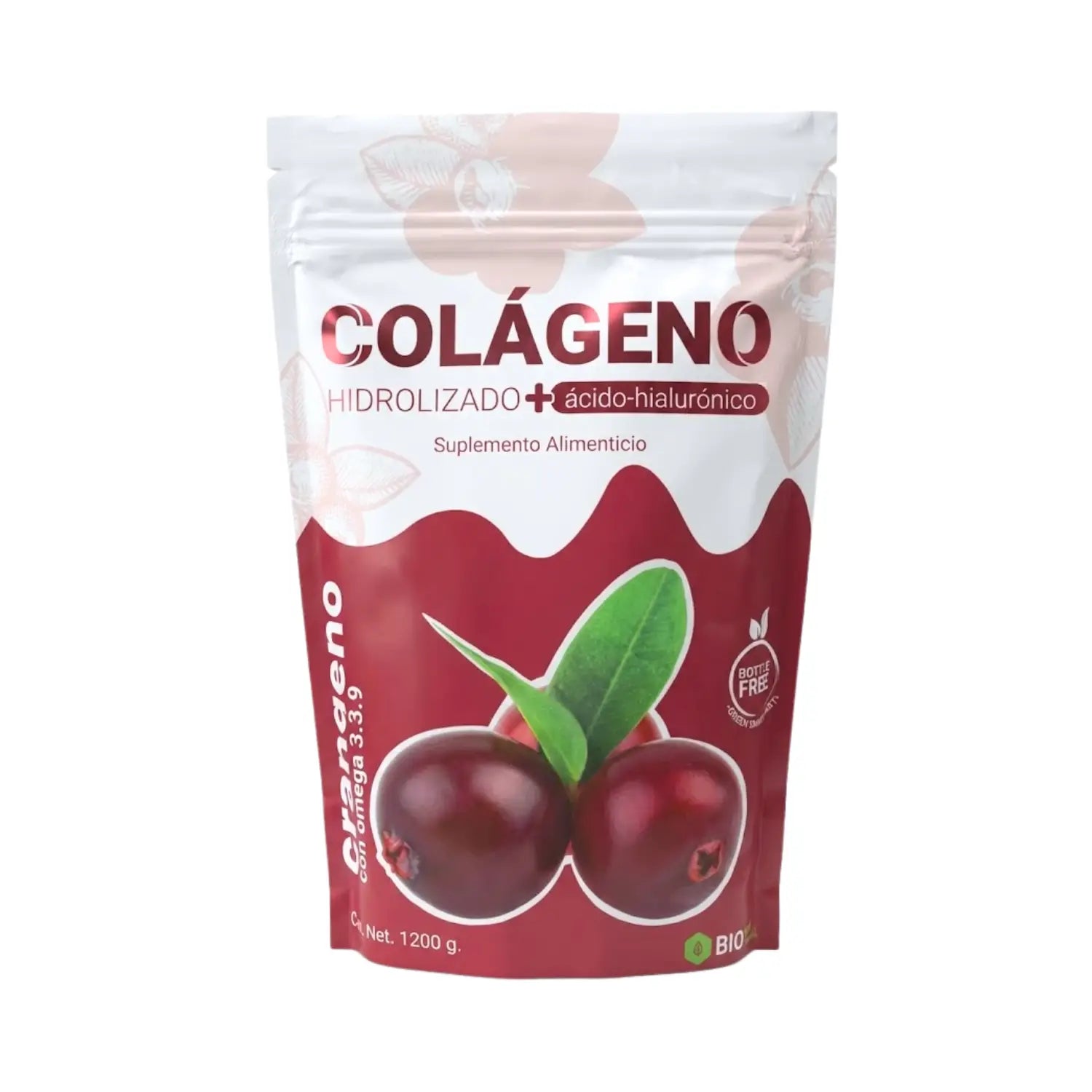 Colágeno Hidrolizado + Ácido Hialurónico Arándano; 1200gr, BioBag.