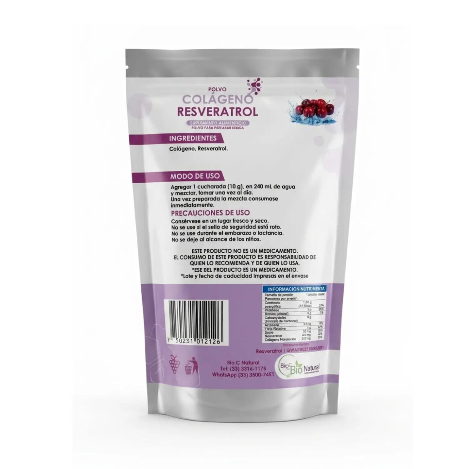 Colágeno y revesratrol; 400gr Cereza, Bioc.