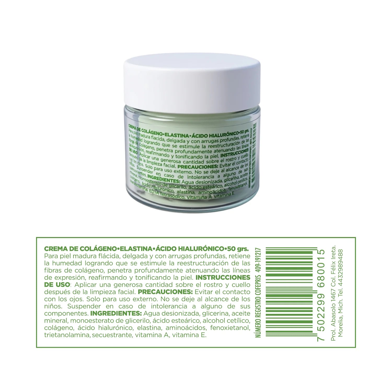 Crema Cólageno Elastina, AC. Hialuronico; 50g; CICAL