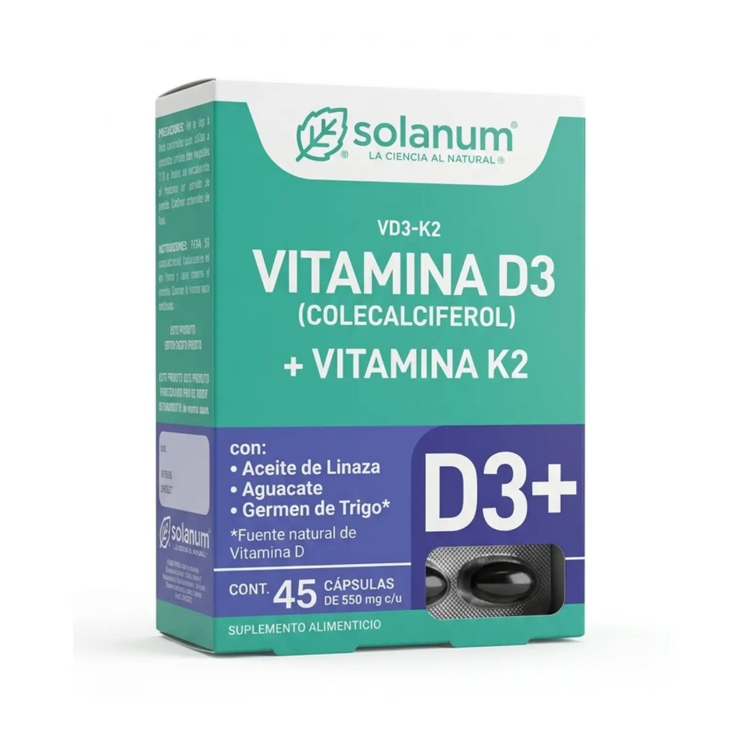 Vitamina D3 y K2; 45 Capsulas, SOLANUM.