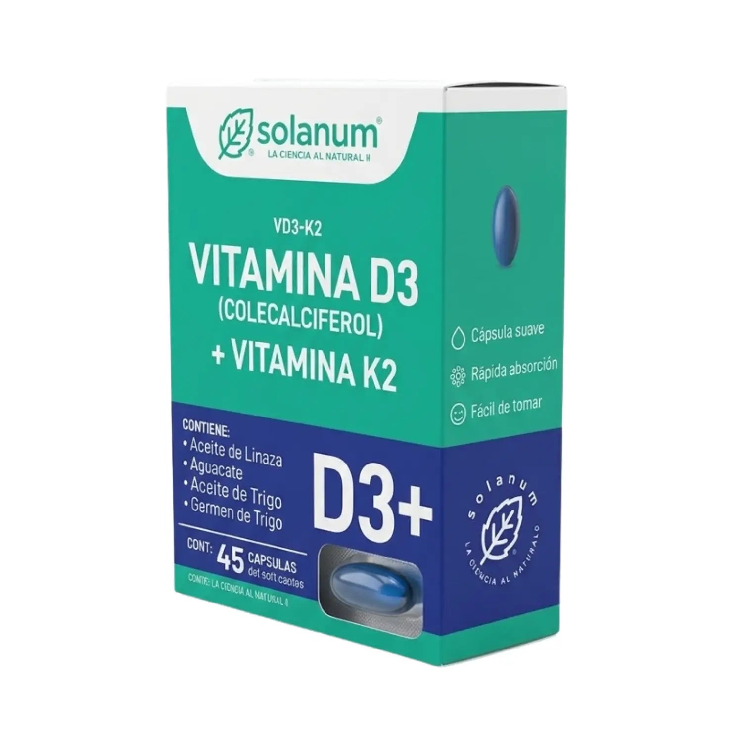 Vitamina D3 y K2; 45 Capsulas, SOLANUM.