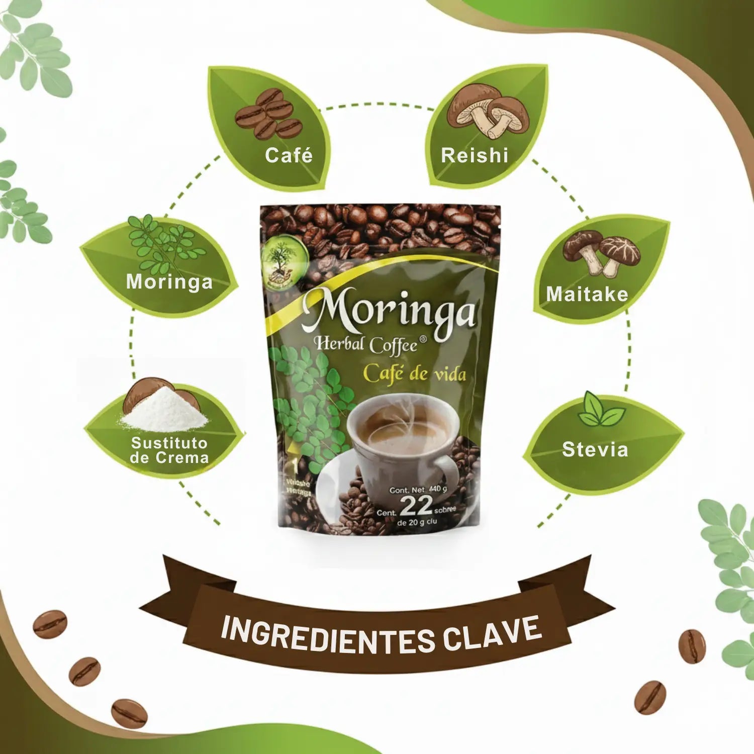 Moringa Café de Vida; 22 sobres de 20 grs, Herbal Coffee.