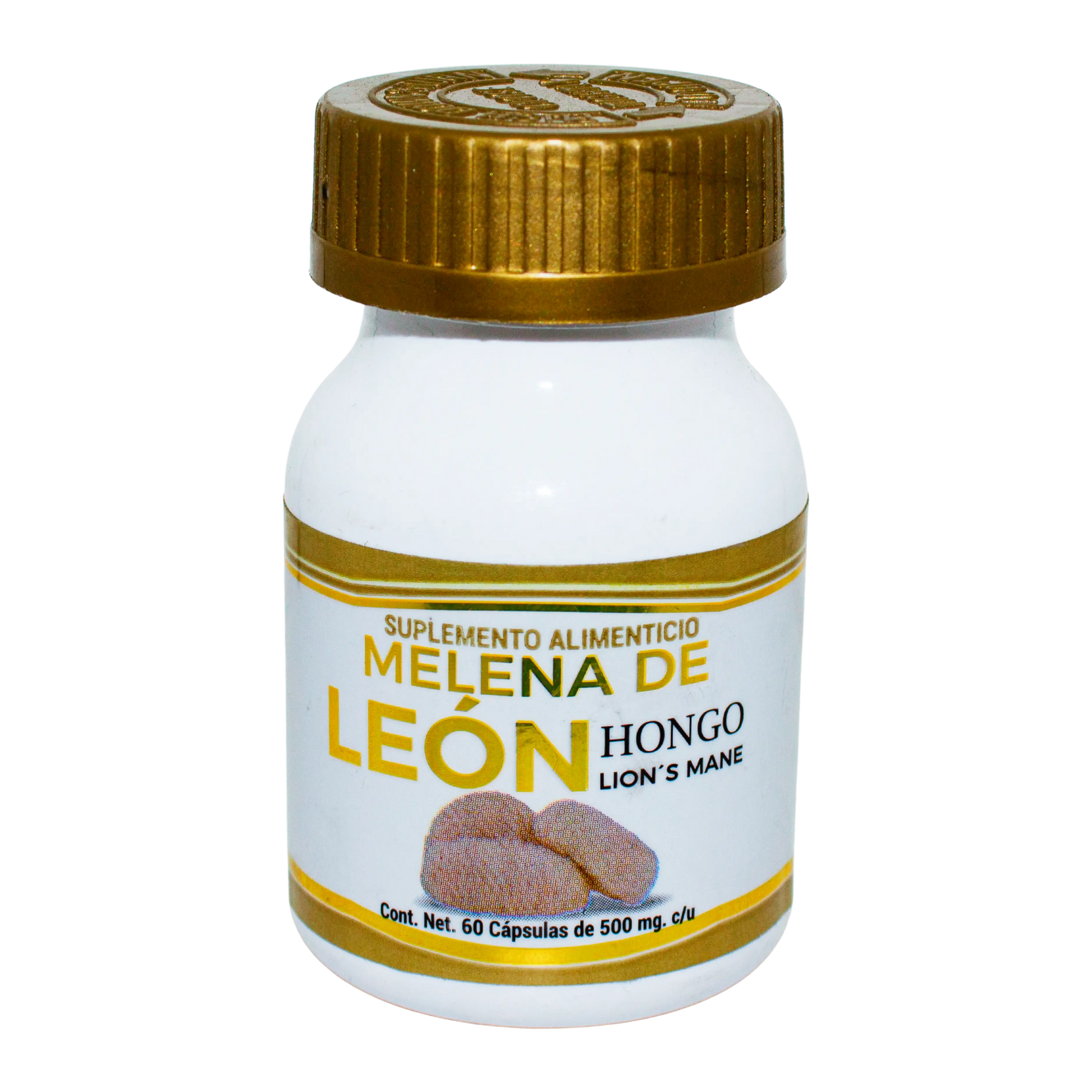 Hongo Melena de León; 60 Capsulas de 500mg, Dorado.