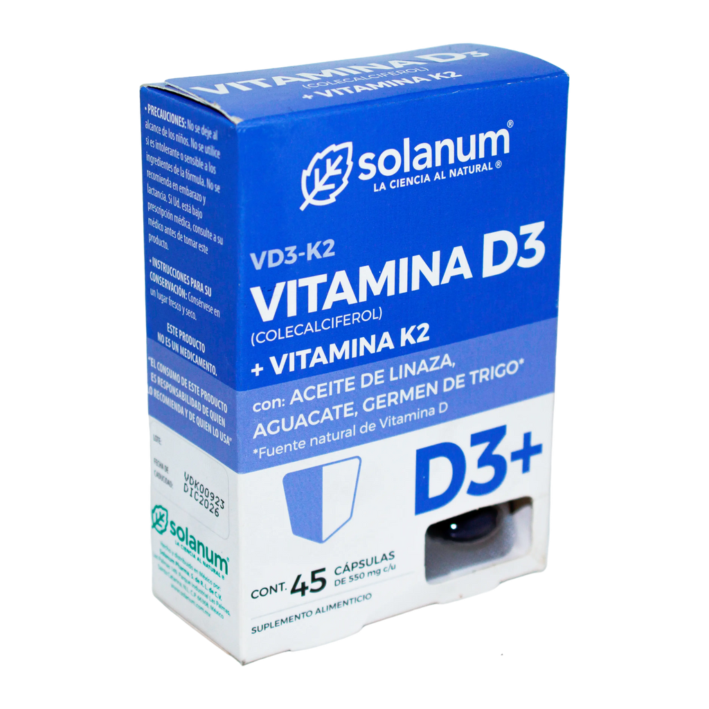 Vitamina D3 y K2; 45 Capsulas, SOLANUM.