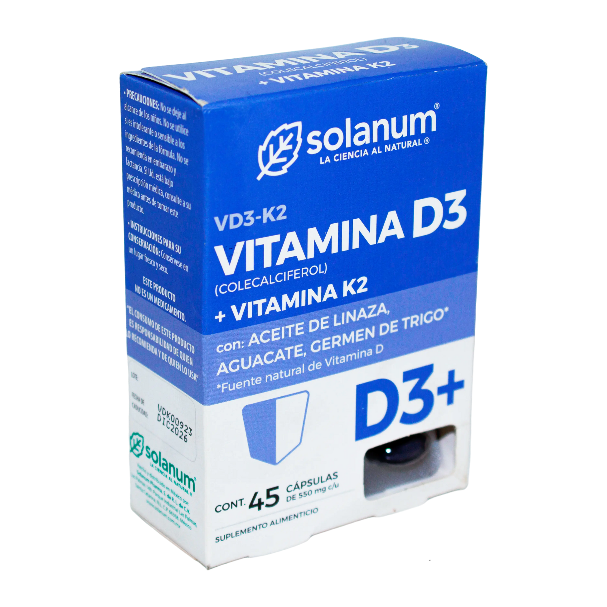 Vitamina D3 y K2; 45 Capsulas, SOLANUM.