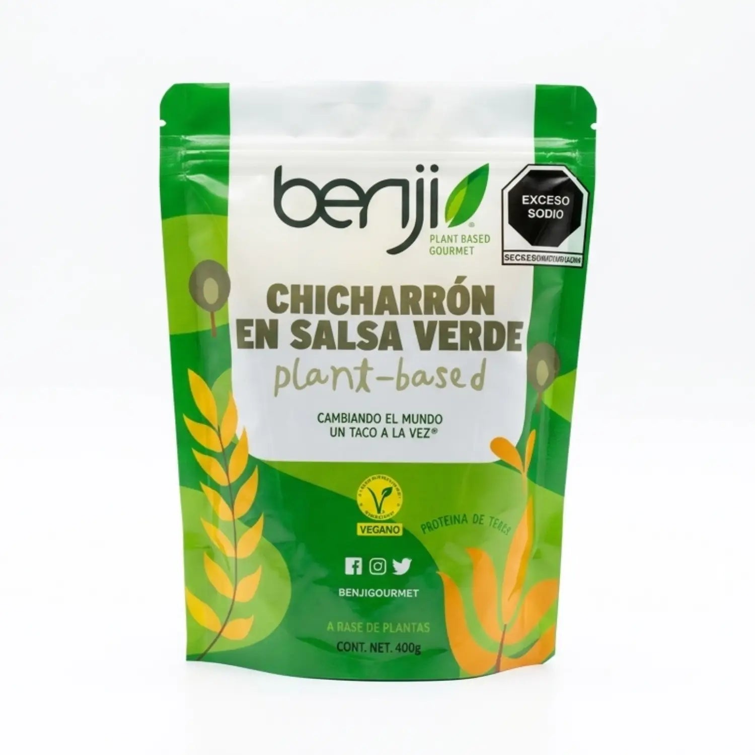 Chicharrón en Salsa Verde 100% Vegano; 400g, Benji.