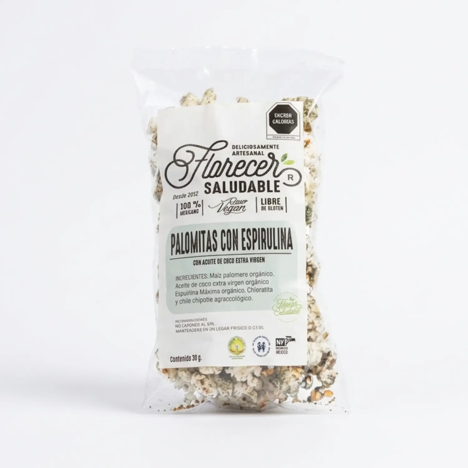 Palomitas con espirulina; 30g, florecer saludable.