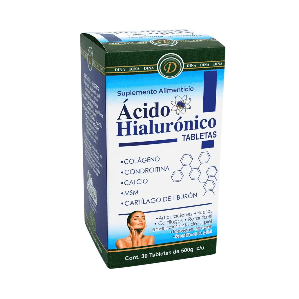 Ácido Hialurónico; 30 Tabletas de 500mg, Dina.