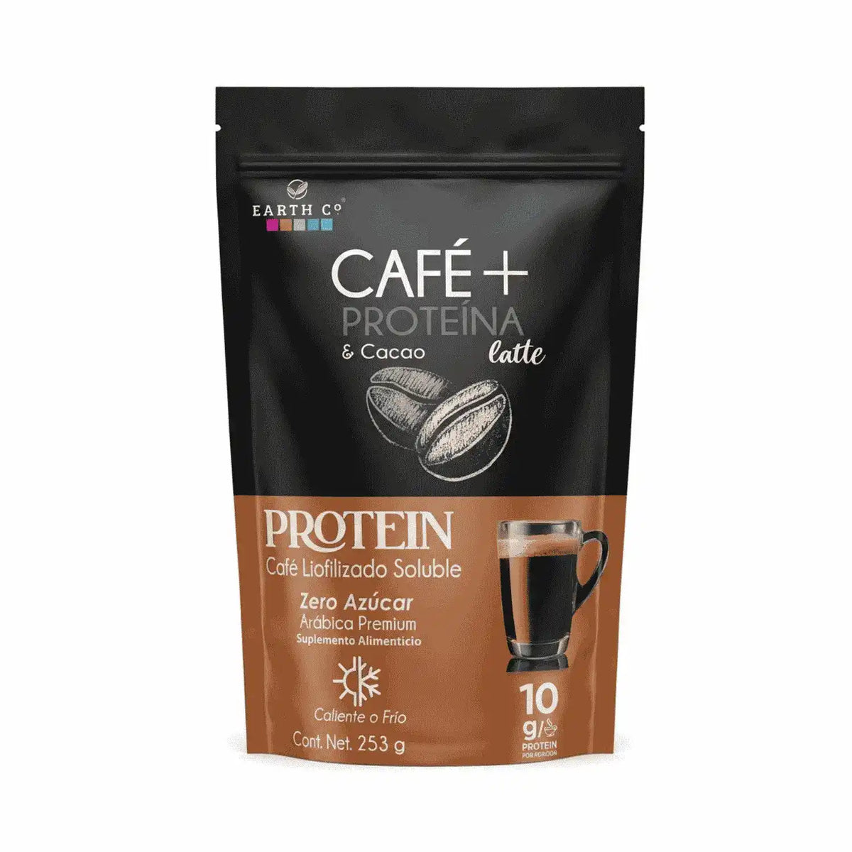 Café + proteína latte ; 253gr, Earth.