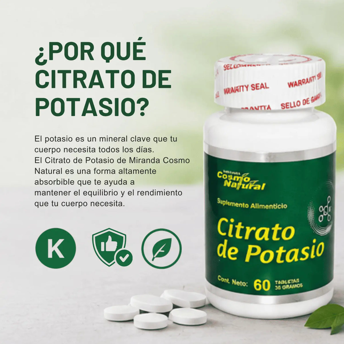 Citrato de Potasio; 60 Tabletas; Cosmo Natural