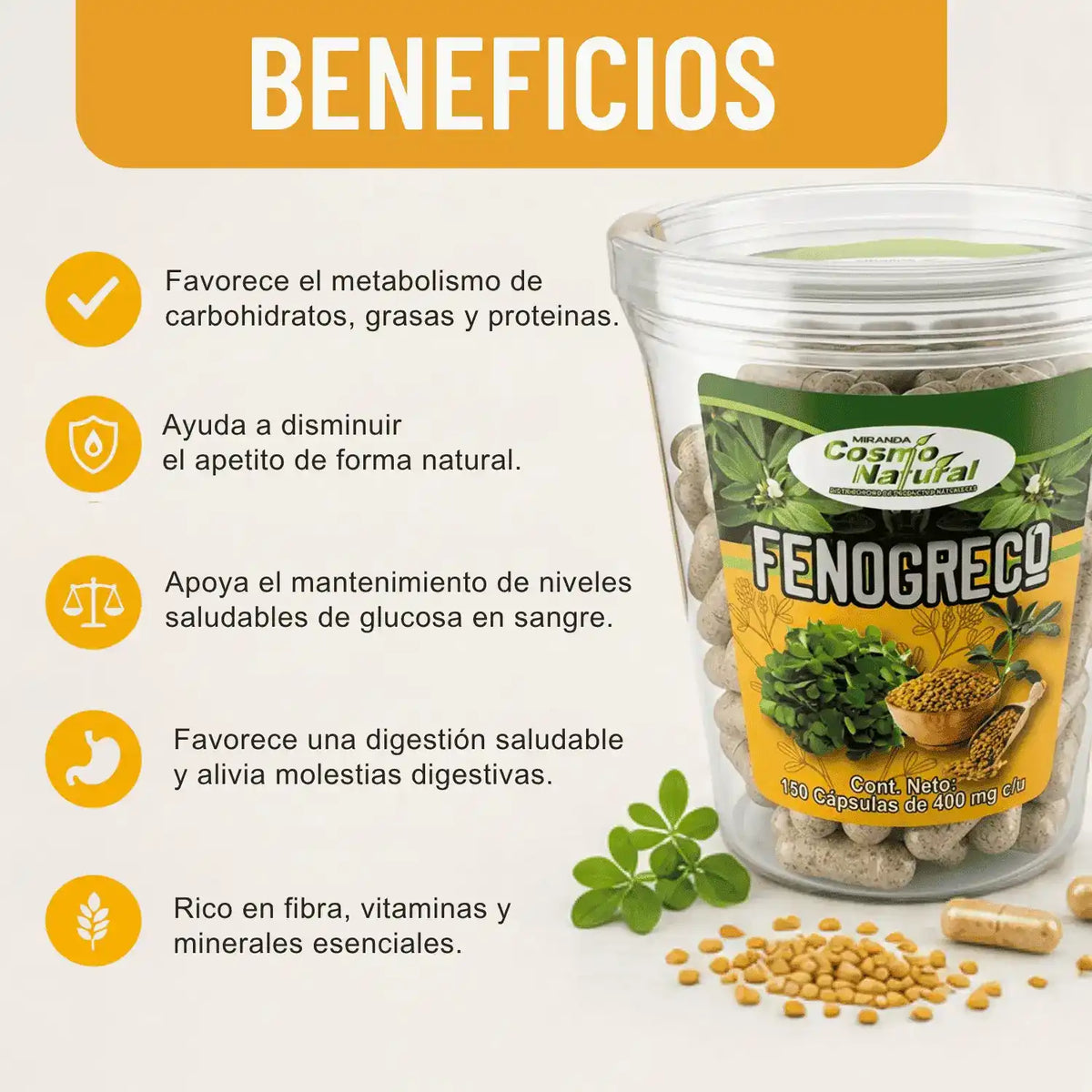 Fenogreco; 150 Capsulas de 400mg, Cosmo Natura.