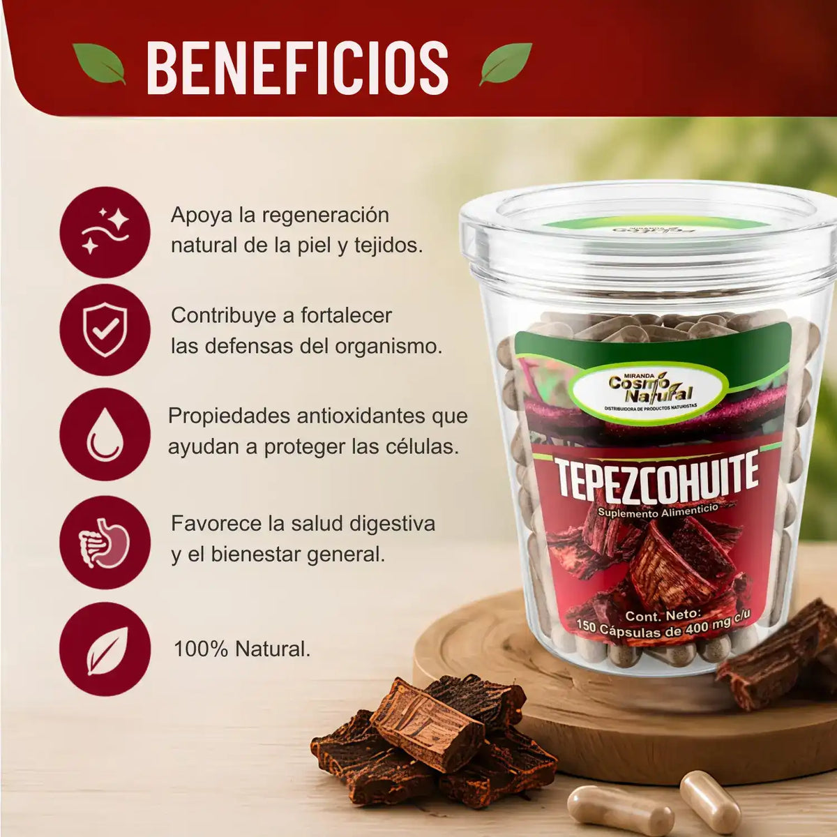 Tepezcohuite; 150 Capsulas, Cosmo Natural.