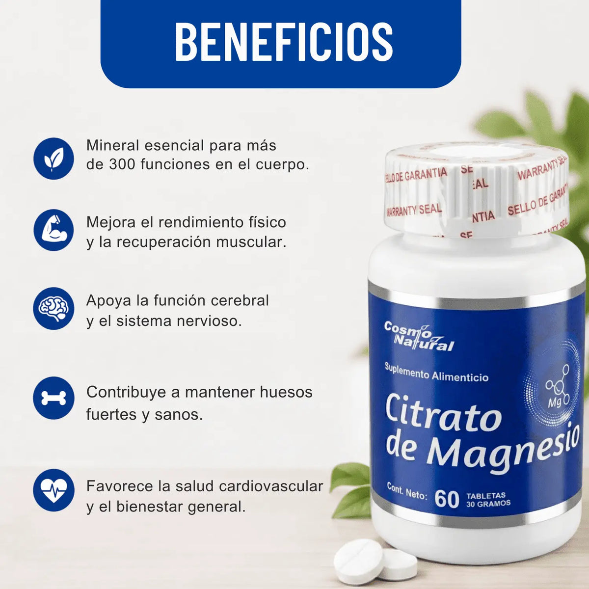 Citrato de Magnesio; 60 Tabs; Cosmo Natural