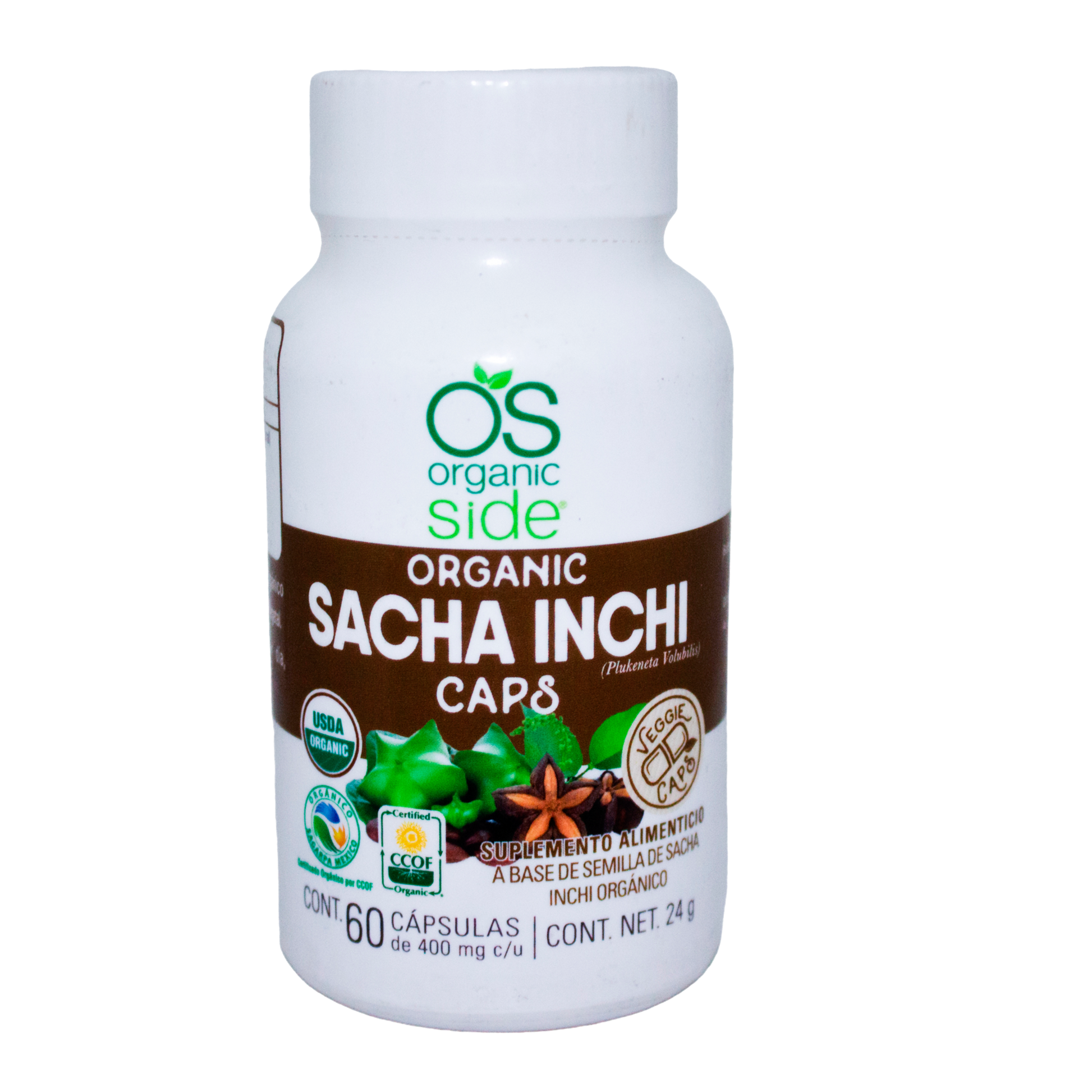 Capsulas Sacha Inchi ( Maní ); 60 Cpasulas, Organic Side.